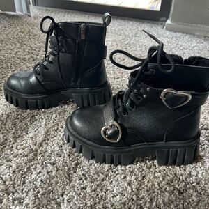 Black Chunky Combat Boots with Heart Buckle